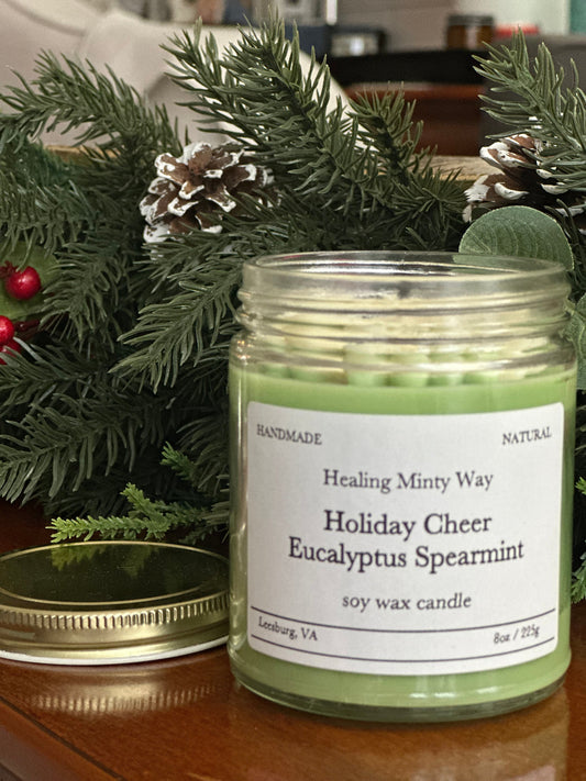 Holiday Cheer Soy Wax Candle with apple, mint, eucalyptus, and cedarwood fragrance