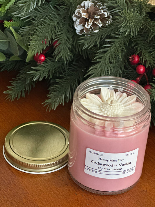 Cedarwood & Vanilla Soy Wax Candle with a rustic, earthy design and soothing fragrance notes of cedarwood, vanilla, and apple.