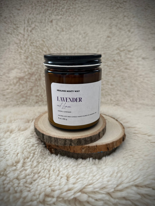 Lavender~Lemon Soy Wax Candle with citrus, lavender, and floral fragrance notes