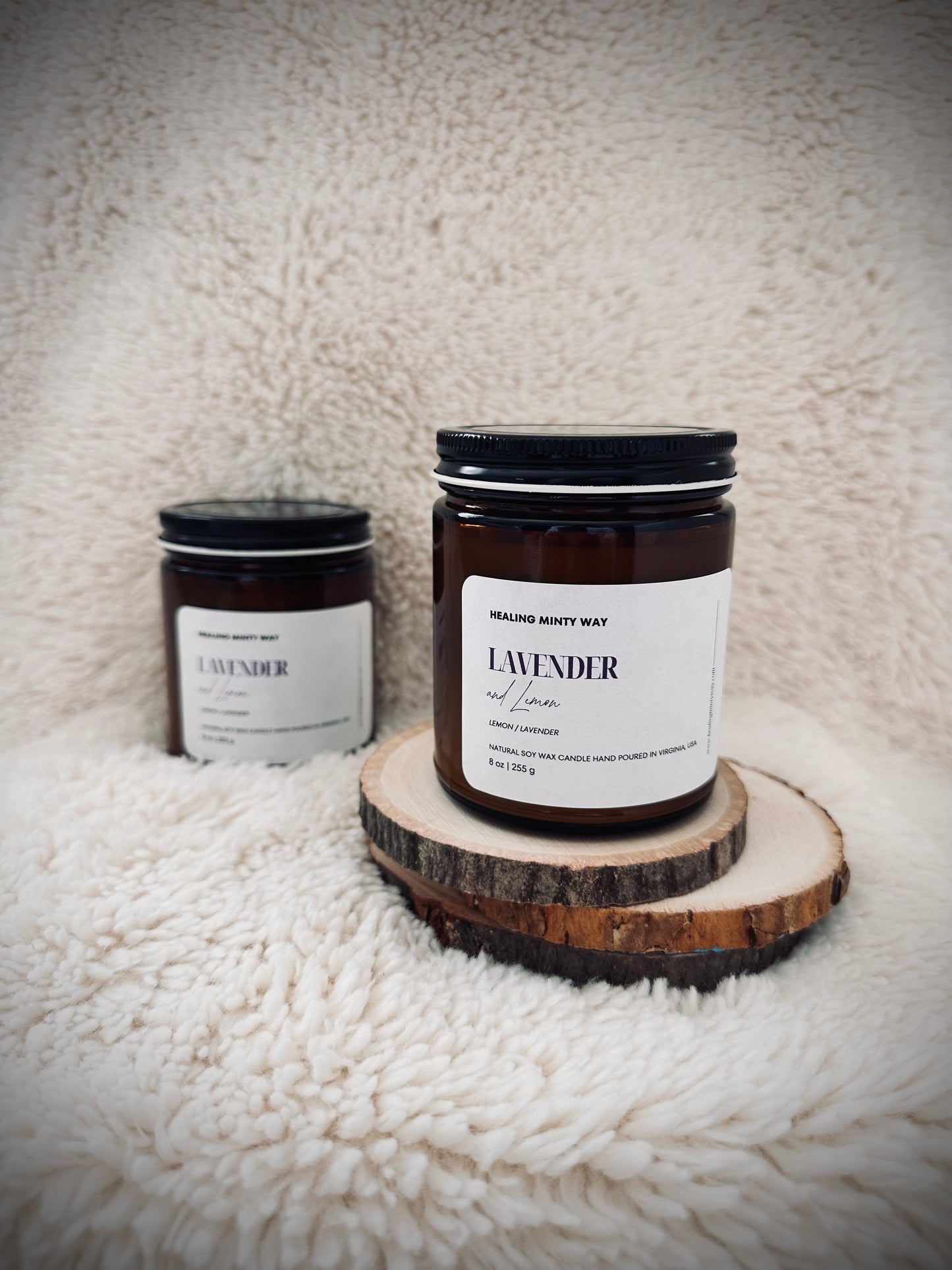 Lavender~Lemon Soy Wax Candle with citrus, lavender, and floral fragrance notes