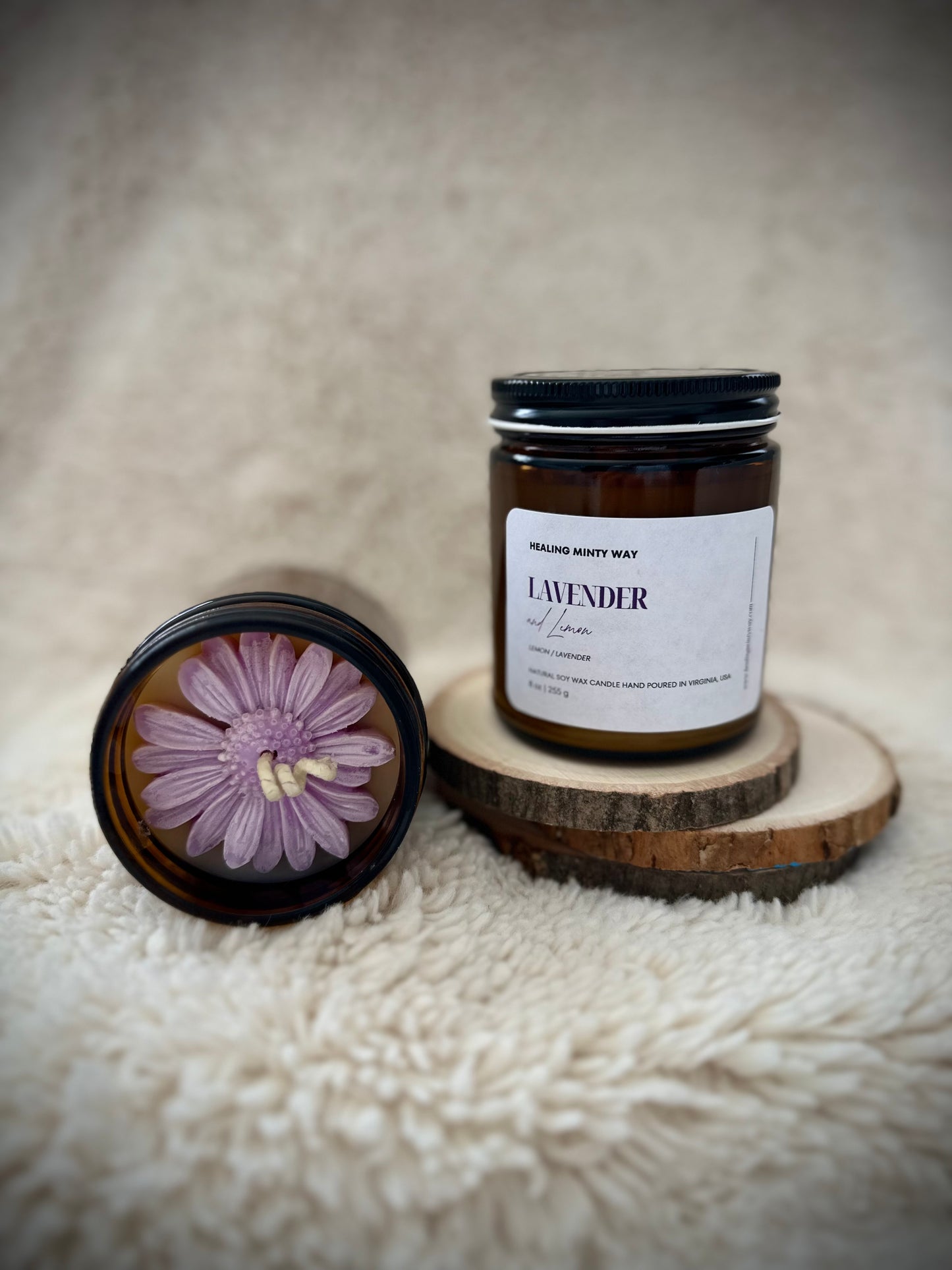 Lavender~Lemon Soy Wax Candle with citrus, lavender, and floral fragrance notes