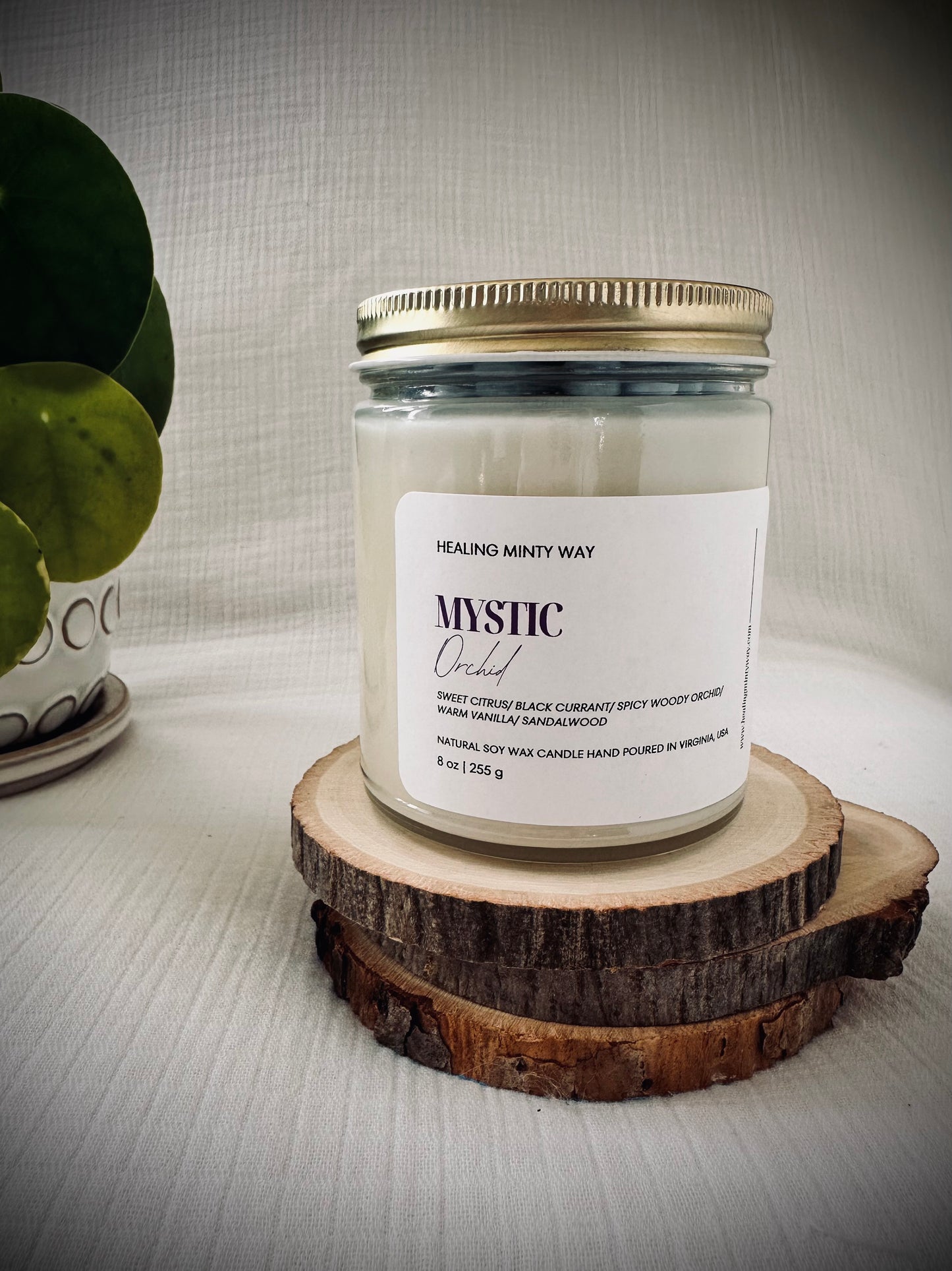 Mystic Orchid Soy Wax Candle with orchid, vanilla, and sandalwood fragrance