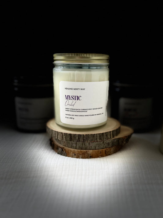 Mystic Orchid Soy Wax Candle with orchid, vanilla, and sandalwood fragrance