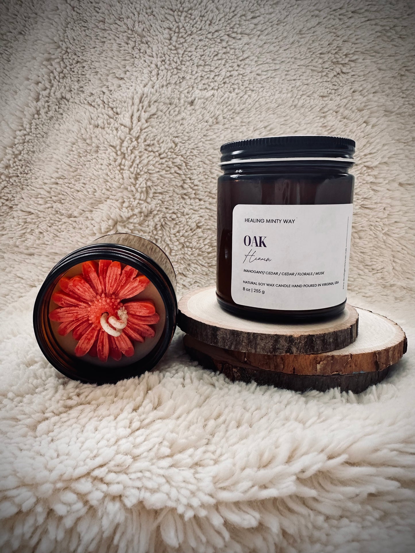 Oak Heaven Soy Wax Candle with cedarwood, amber, and musk fragrance