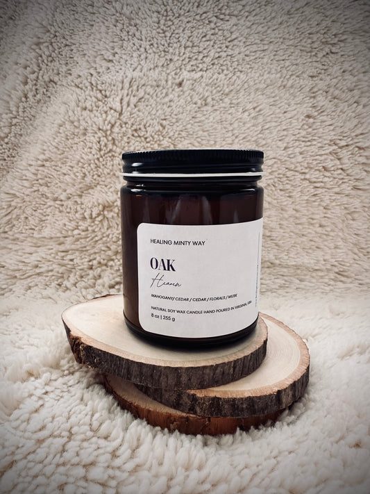 Oak Heaven Soy Wax Candle with cedarwood, amber, and musk fragrance