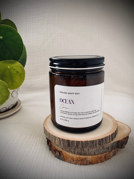 Hand-poured Ocean Grace Soy Wax Candle with sea salt, driftwood, and floral notes