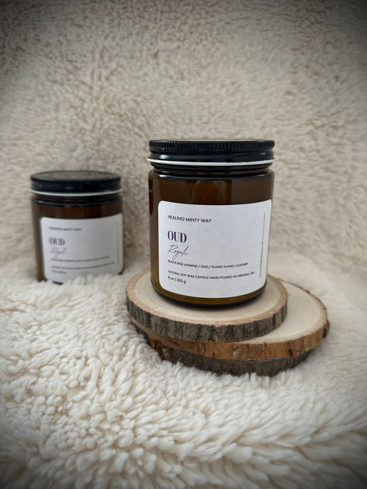 Hand-poured Oud Royale Soy Wax Candle with floral, herbal, and oud wood notes
