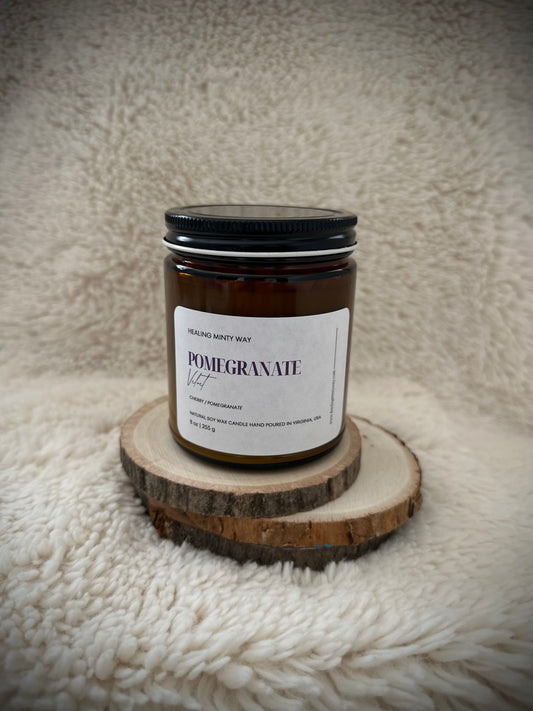 Pomegranate Velvet Soy Wax Candle with rich pomegranate and velvet undertones, offering an indulgent, luxurious fragrance.
