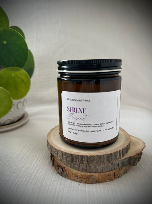 Serene Bergamot Elixir Soy Candle with bergamot, green tea, and musk fragrance
