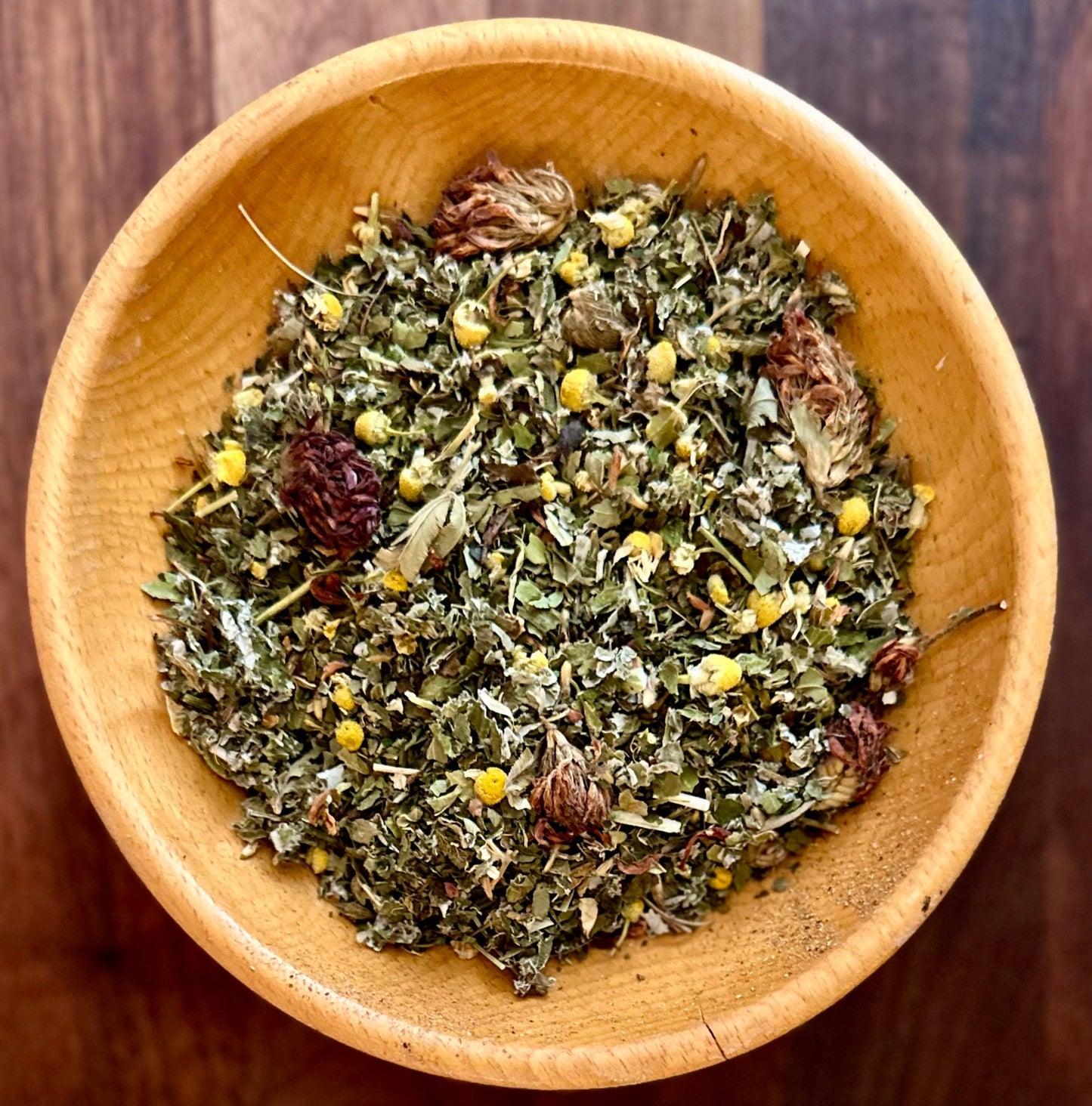 Cycle Harmony herbal tea blend with raspberry leaf, nettle, chamomile, and lemon balm
