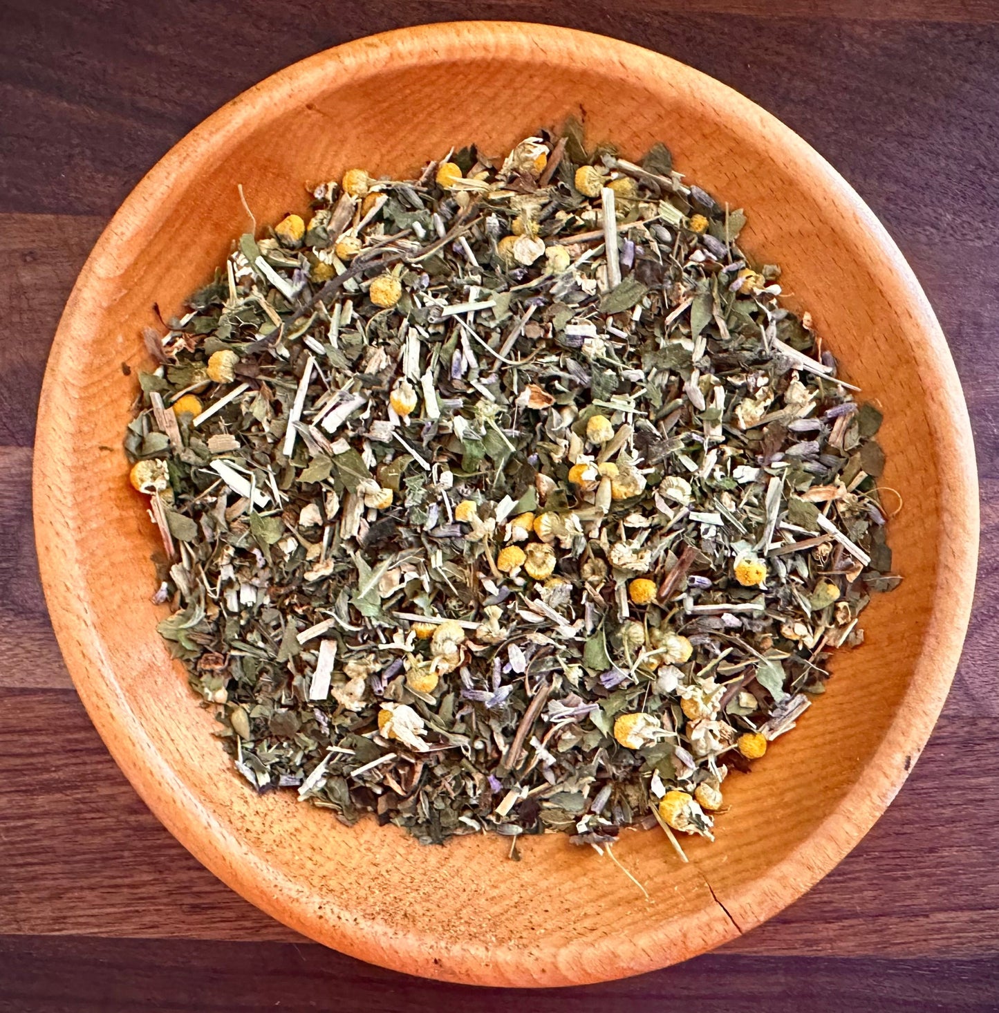Headache Haven herbal tea blend with lavender, lemon balm, and meadowsweet