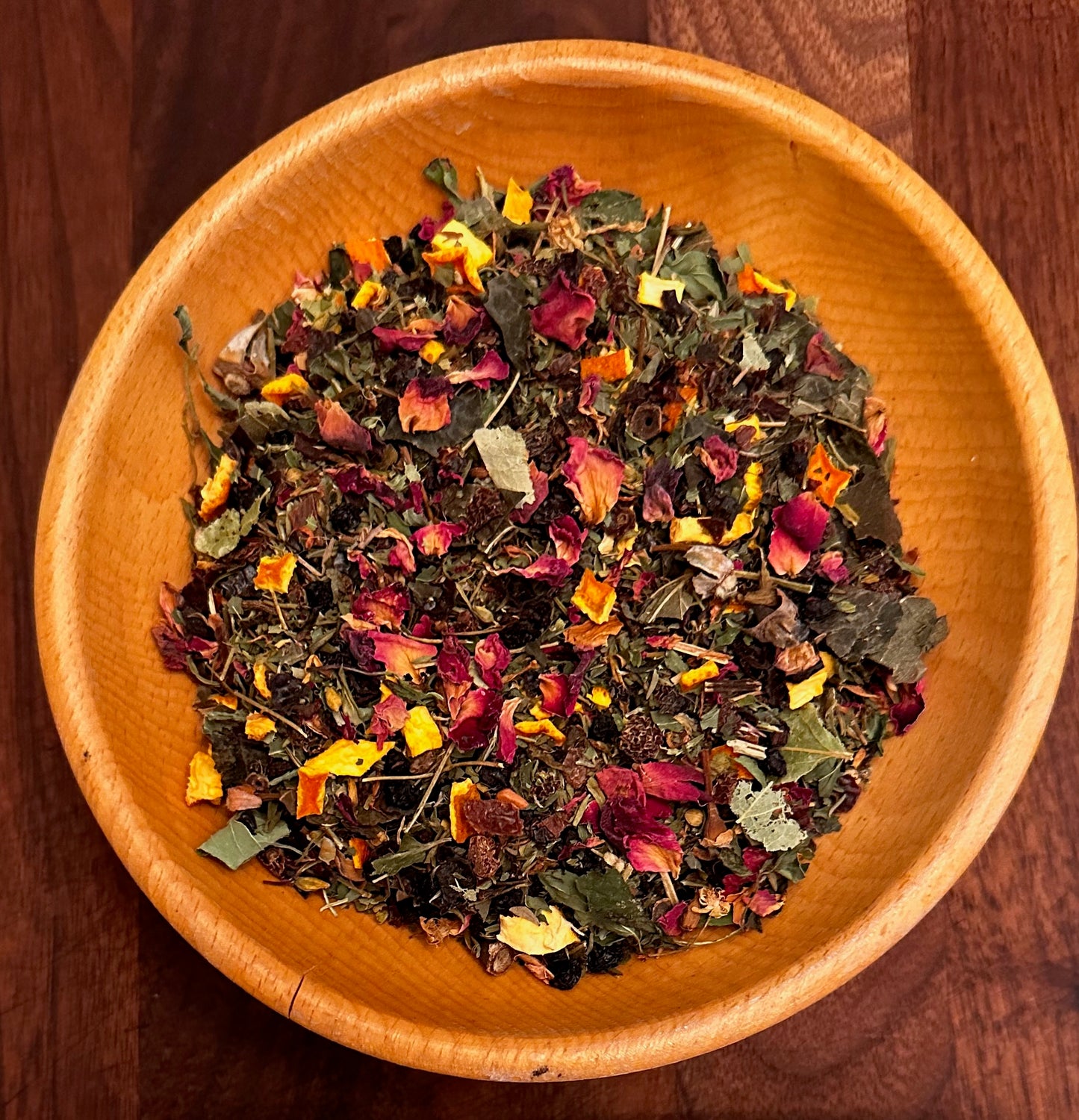 Close-up of dried organic herbs: rosehip, mint, linden, elderberry, and more