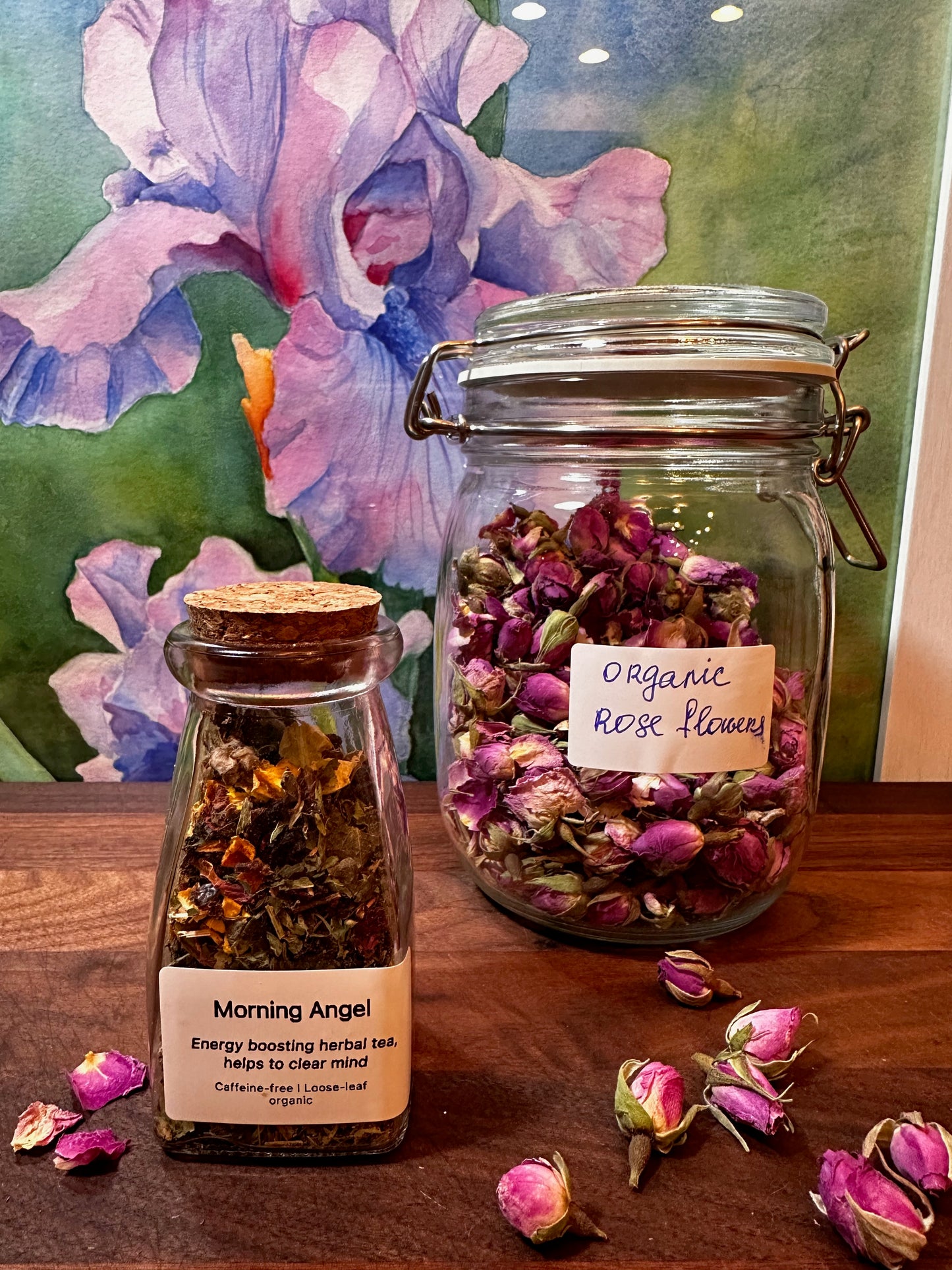 Loose leaf herbal tea blend with organic herbs on rustic wooden table
