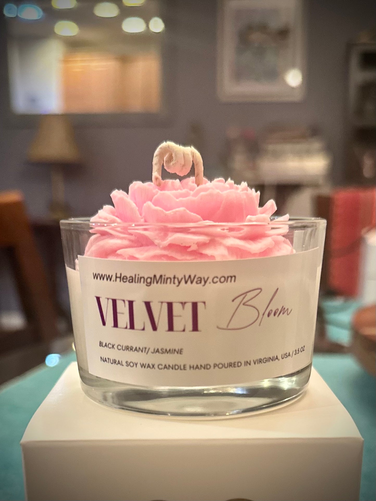 Velvet Bloom Soy Wax Candle with floral notes of jasmine and black currant