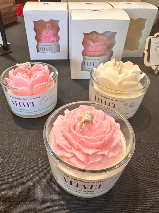 Hand-poured soy wax candle in a romantic purple and amber-inspired design