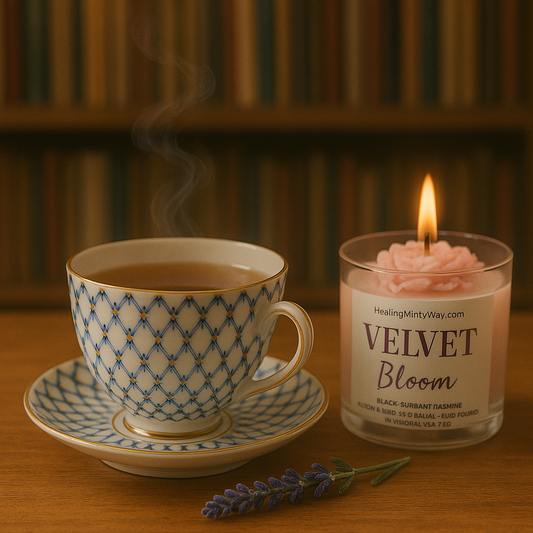 Lomonosov porcelain butterfly teacup with herbal tea beside candle and bookshelf – a cozy evening setup.
