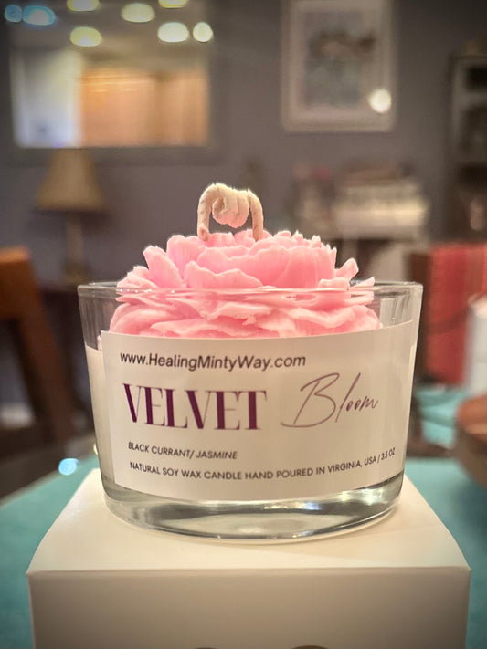 Velvet Bloom Soy Wax Candle with floral notes of jasmine and black currant